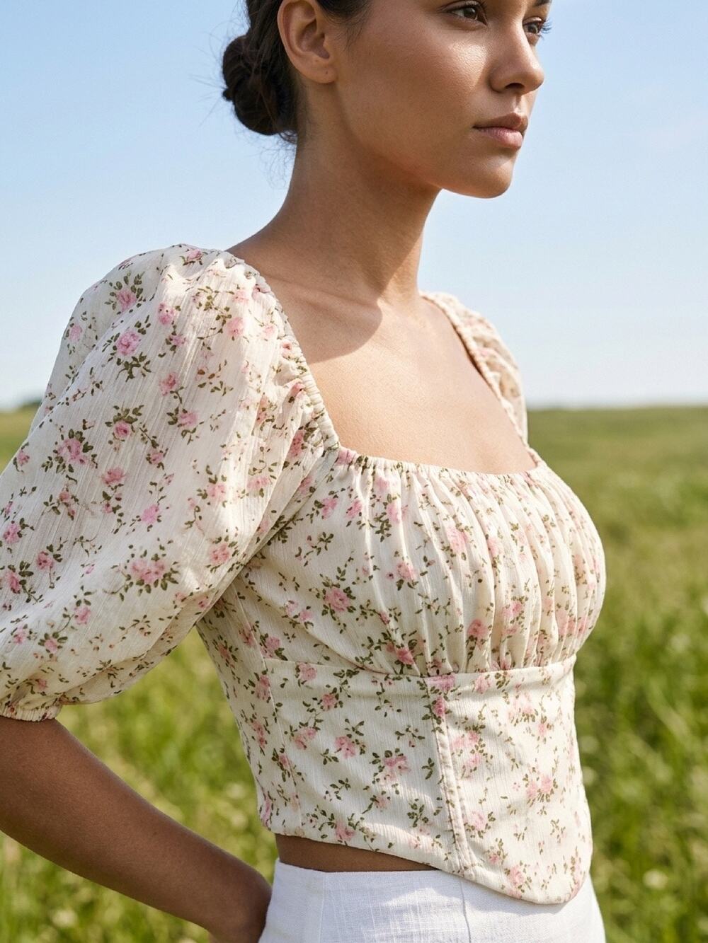 Bow Back Floral Crop Top Cottagecore Puff Sleeve Altar'd State Medium